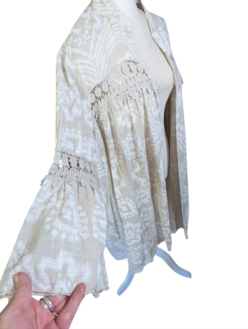 Cotton Bell Sleeves Crochet Inlays Cream Lightweight Flowy Open Duster Boho XL - Picture 2 of 11